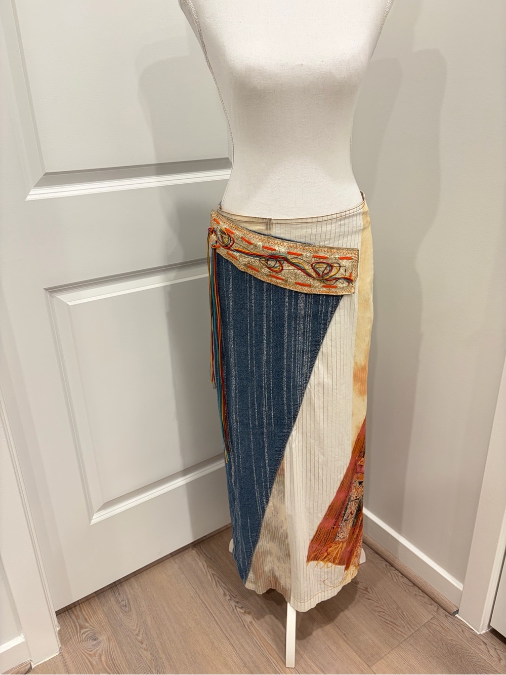 OHDD Save The Queen rare vintage Maxi Skirt mixed media Blue and Cream